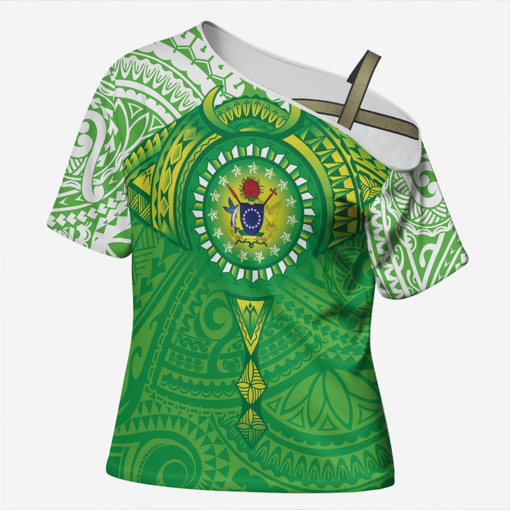 Cook Islands Manta Ray Cross Shoulder Shirt Kuki Airani Tattoo Green Color LT14 Female Green - Polynesian Pride