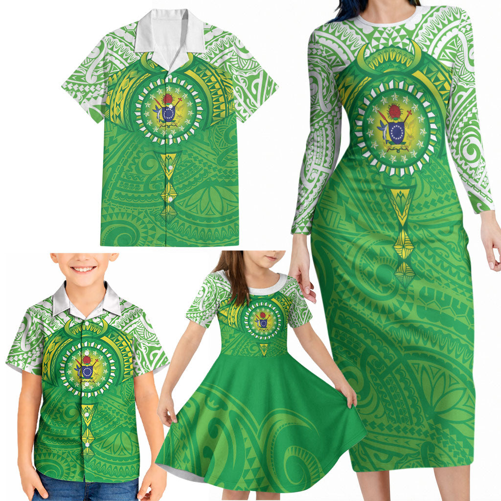 Cook Islands Manta Ray Family Matching Long Sleeve Bodycon Dress and Hawaiian Shirt Kuki Airani Tattoo Green Color LT14 - Polynesian Pride