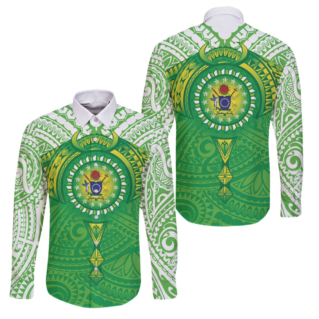 Cook Islands Manta Ray Family Matching Mermaid Dress and Hawaiian Shirt Kuki Airani Tattoo Green Color LT14 Dad's Shirt - Long Sleeve Green - Polynesian Pride