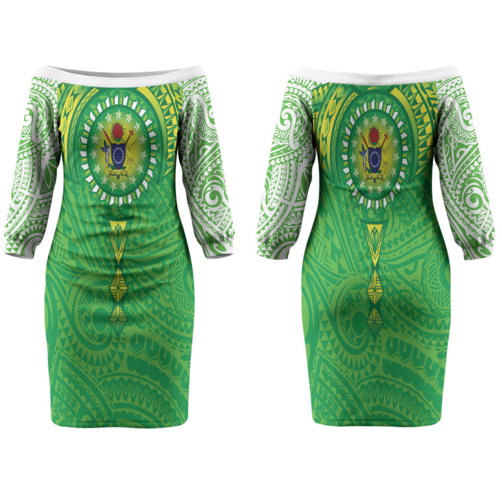 Cook Islands Manta Ray Family Matching Off The Shoulder Long Sleeve Dress and Hawaiian Shirt Kuki Airani Tattoo Green Color LT14 Mom's Dress Green - Polynesian Pride