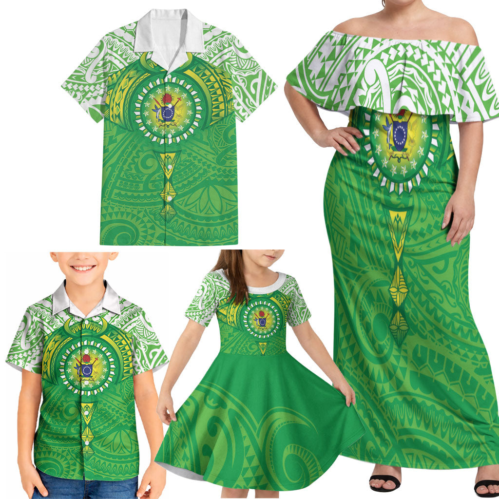 Cook Islands Manta Ray Family Matching Off Shoulder Maxi Dress and Hawaiian Shirt Kuki Airani Tattoo Green Color LT14 - Polynesian Pride