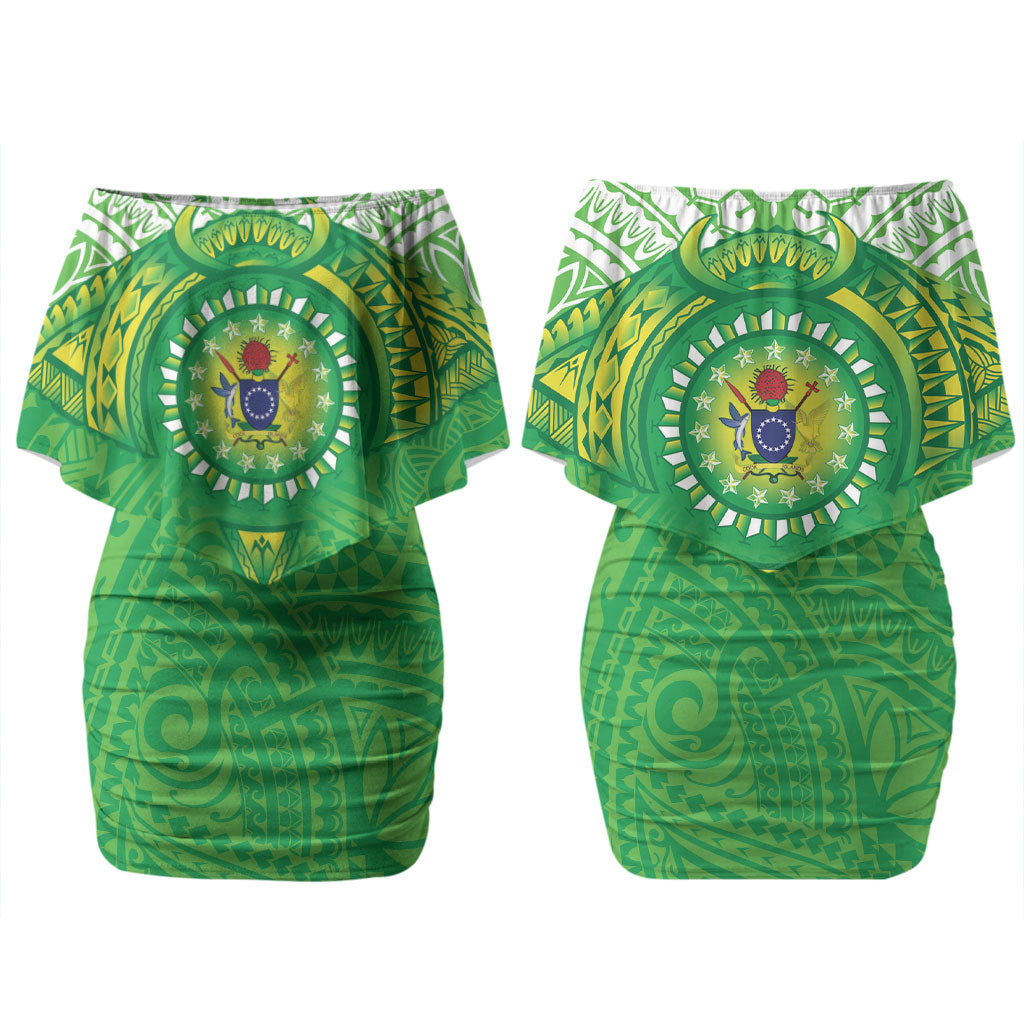 Cook Islands Manta Ray Family Matching Off Shoulder Short Dress and Hawaiian Shirt Kuki Airani Tattoo Green Color LT14 Mom's Dress Green - Polynesian Pride