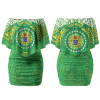 Cook Islands Manta Ray Family Matching Off Shoulder Short Dress and Hawaiian Shirt Kuki Airani Tattoo Green Color LT14 Mom's Dress Green - Polynesian Pride