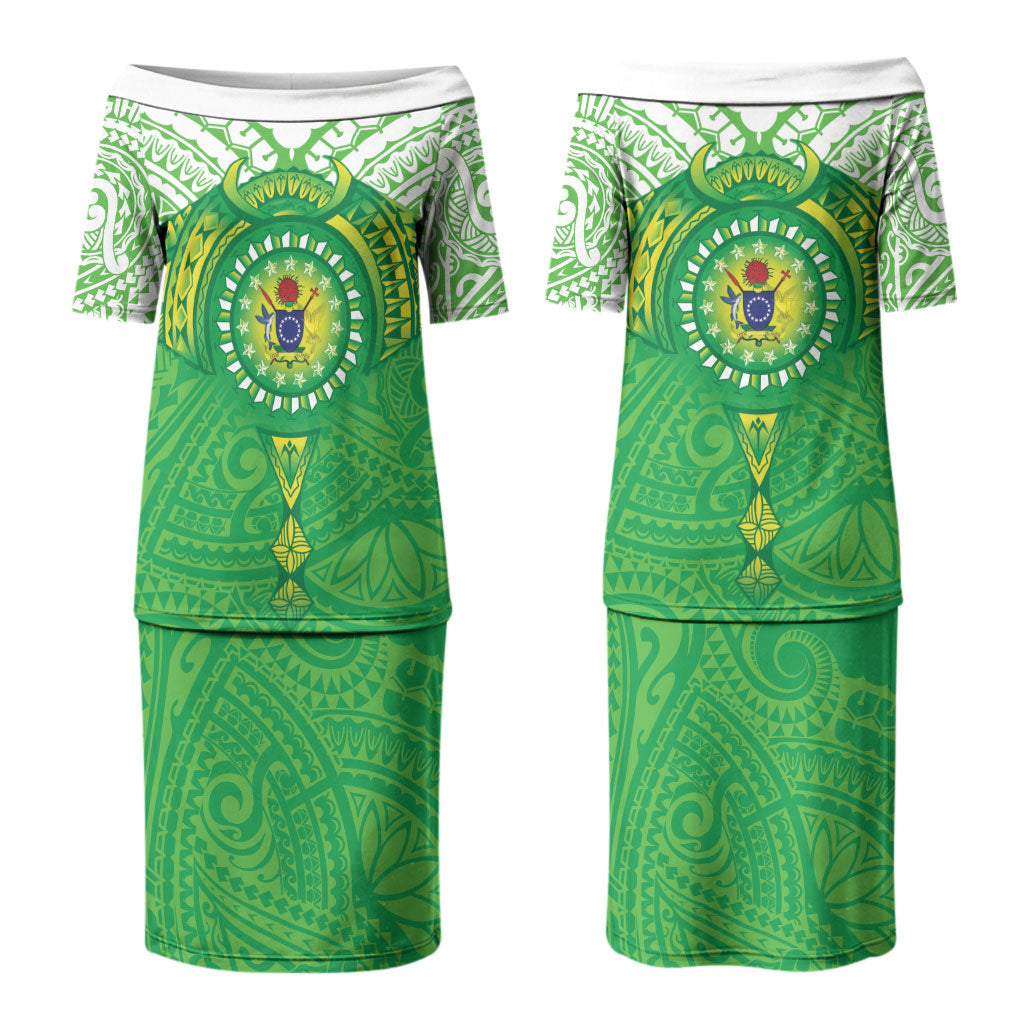 Cook Islands Manta Ray Family Matching Puletasi and Hawaiian Shirt Kuki Airani Tattoo Green Color LT14 Mom's Dress Green - Polynesian Pride