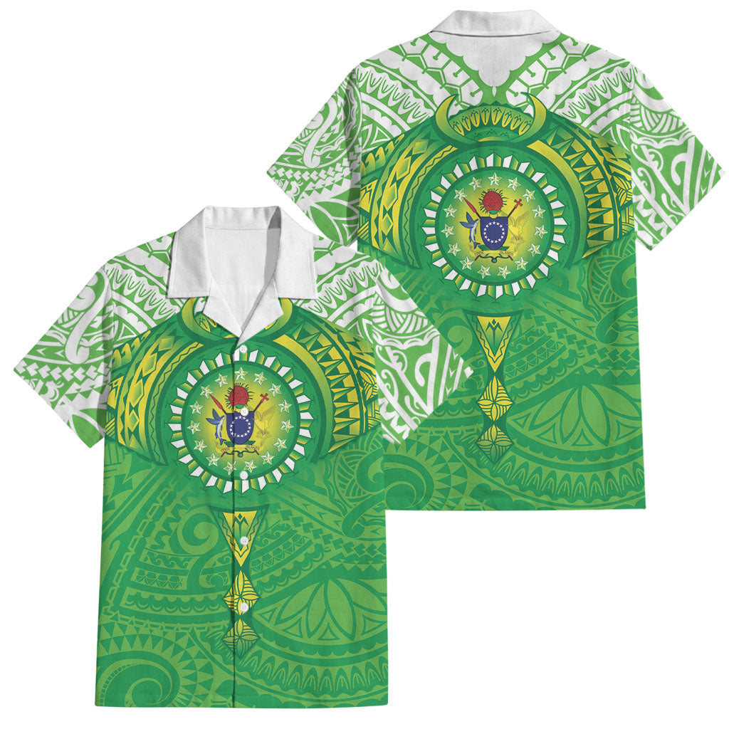 Cook Islands Manta Ray Family Matching Puletasi and Hawaiian Shirt Kuki Airani Tattoo Green Color LT14 Dad's Shirt - Short Sleeve Green - Polynesian Pride