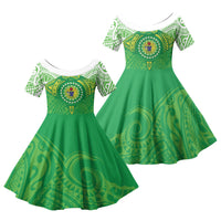 Cook Islands Manta Ray Family Matching Puletasi and Hawaiian Shirt Kuki Airani Tattoo Green Color LT14 Daughter's Dress Green - Polynesian Pride