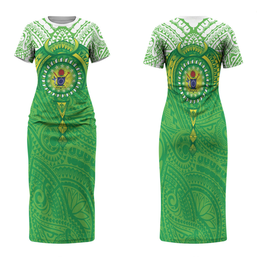 Cook Islands Manta Ray Family Matching Short Sleeve Bodycon Dress and Hawaiian Shirt Kuki Airani Tattoo Green Color LT14 Mom's Dress Green - Polynesian Pride