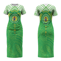 Cook Islands Manta Ray Family Matching Short Sleeve Bodycon Dress and Hawaiian Shirt Kuki Airani Tattoo Green Color LT14 Mom's Dress Green - Polynesian Pride