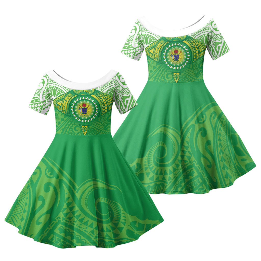 Cook Islands Manta Ray Family Matching Short Sleeve Bodycon Dress and Hawaiian Shirt Kuki Airani Tattoo Green Color LT14 Daughter's Dress Green - Polynesian Pride