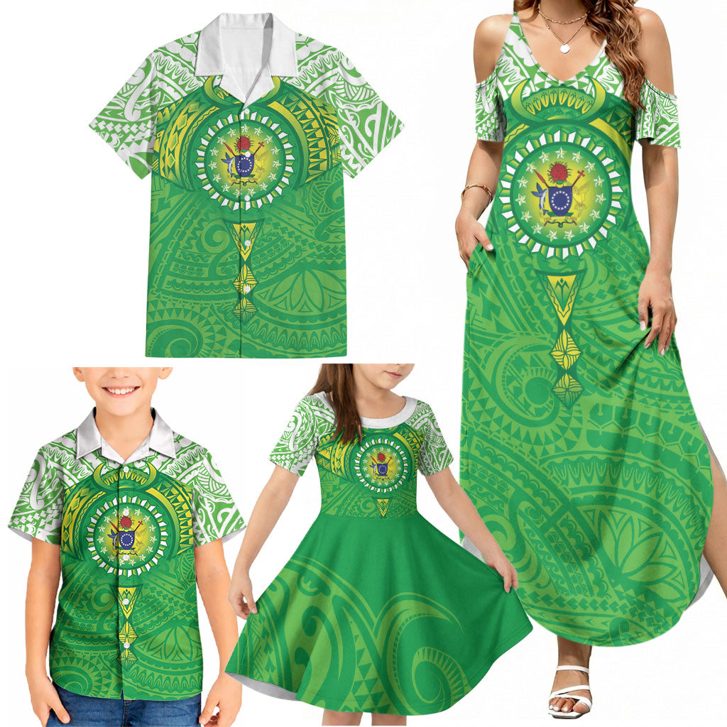Cook Islands Manta Ray Family Matching Summer Maxi Dress and Hawaiian Shirt Kuki Airani Tattoo Green Color LT14 - Polynesian Pride