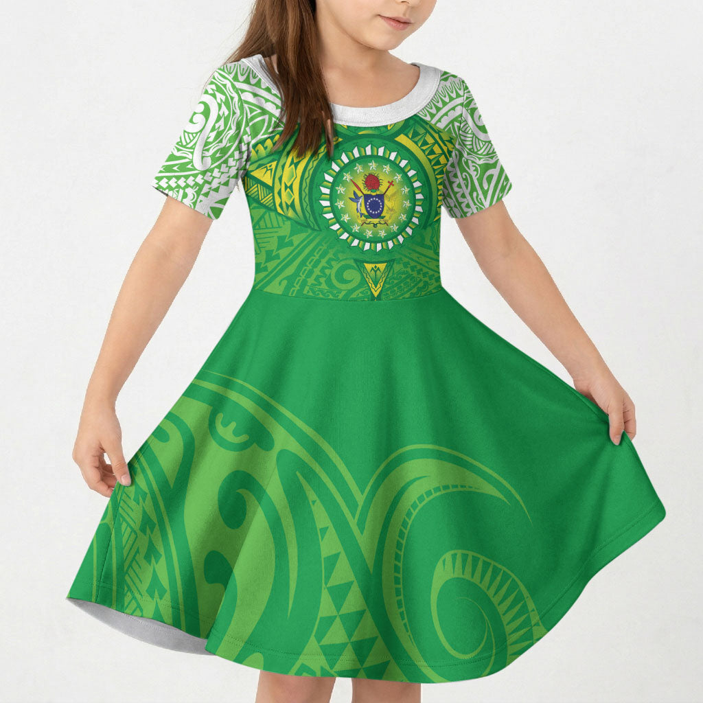 Cook Islands Manta Ray Kid Short Sleeve Dress Kuki Airani Tattoo Green Color LT14 KID Green - Polynesian Pride