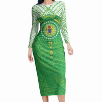 Cook Islands Manta Ray Long Sleeve Bodycon Dress Kuki Airani Tattoo Green Color