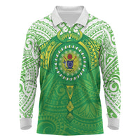 Cook Islands Manta Ray Long Sleeve Polo Shirt Kuki Airani Tattoo Green Color