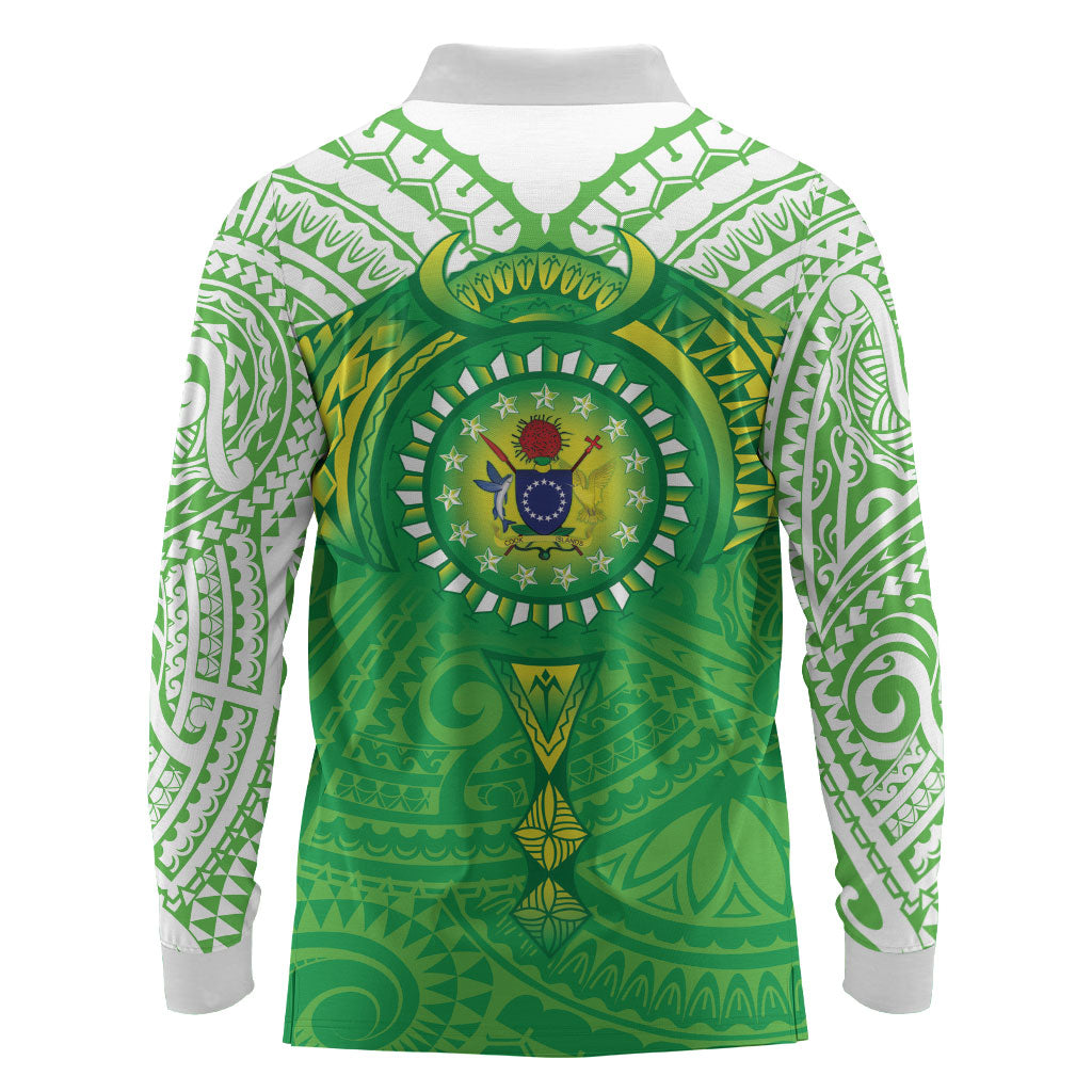 Cook Islands Manta Ray Long Sleeve Polo Shirt Kuki Airani Tattoo Green Color