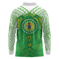 Cook Islands Manta Ray Long Sleeve Polo Shirt Kuki Airani Tattoo Green Color