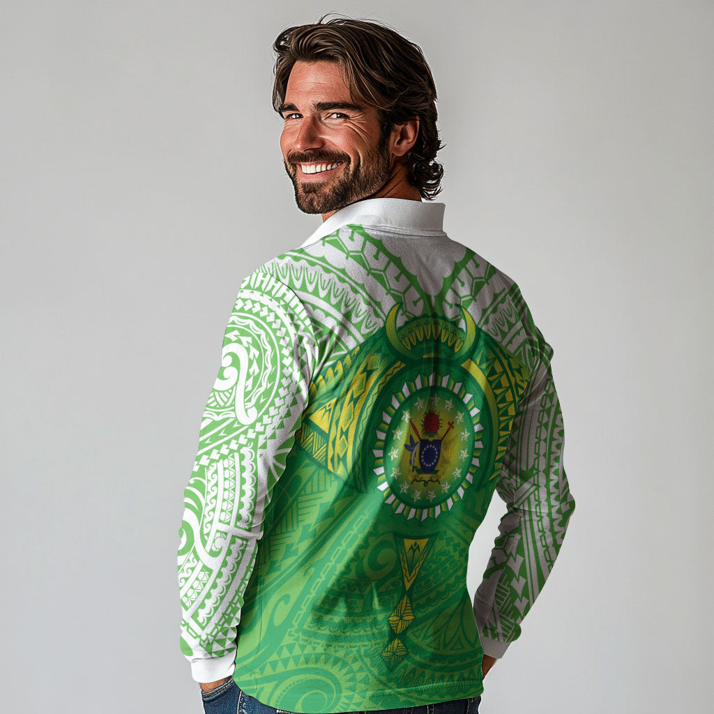 Cook Islands Manta Ray Long Sleeve Polo Shirt Kuki Airani Tattoo Green Color