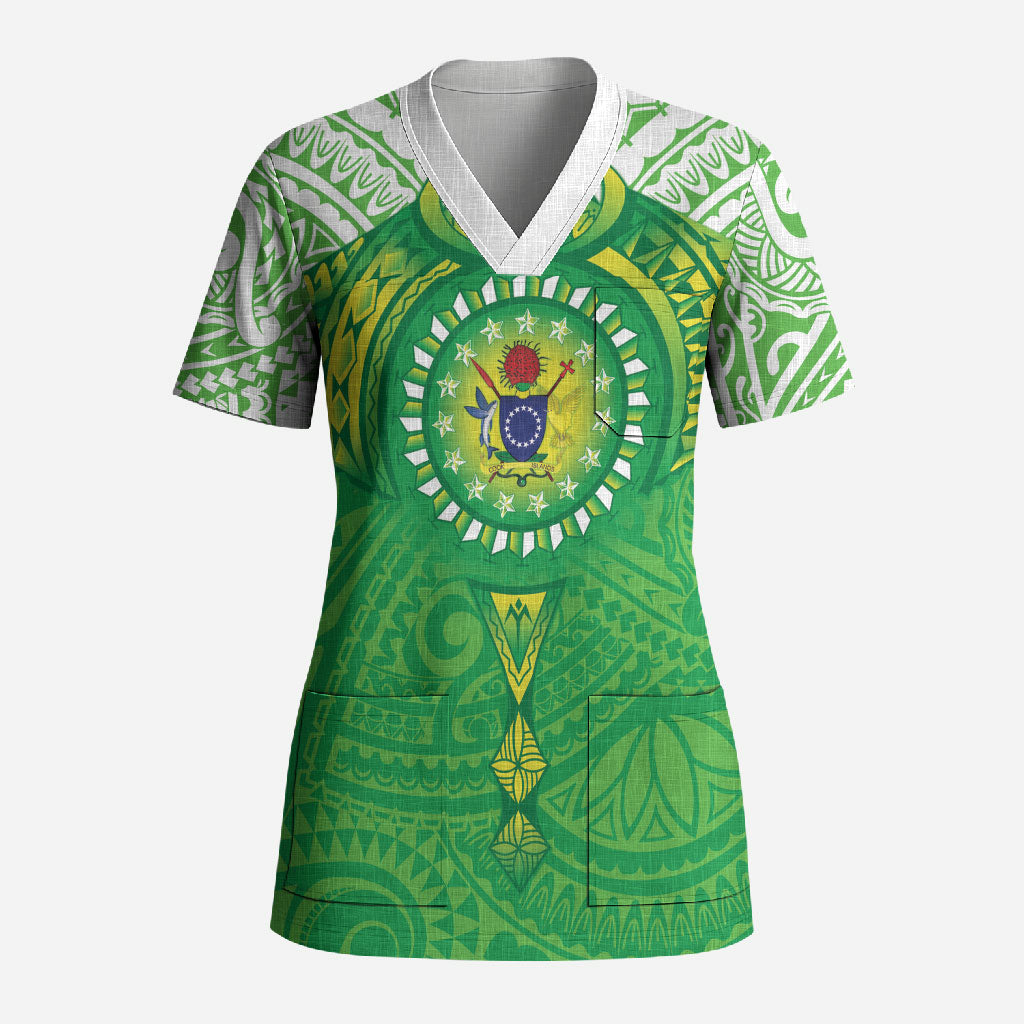 Cook Islands Manta Ray Scrub Top Kuki Airani Tattoo Green Color LT14 Adult Green - Polynesian Pride