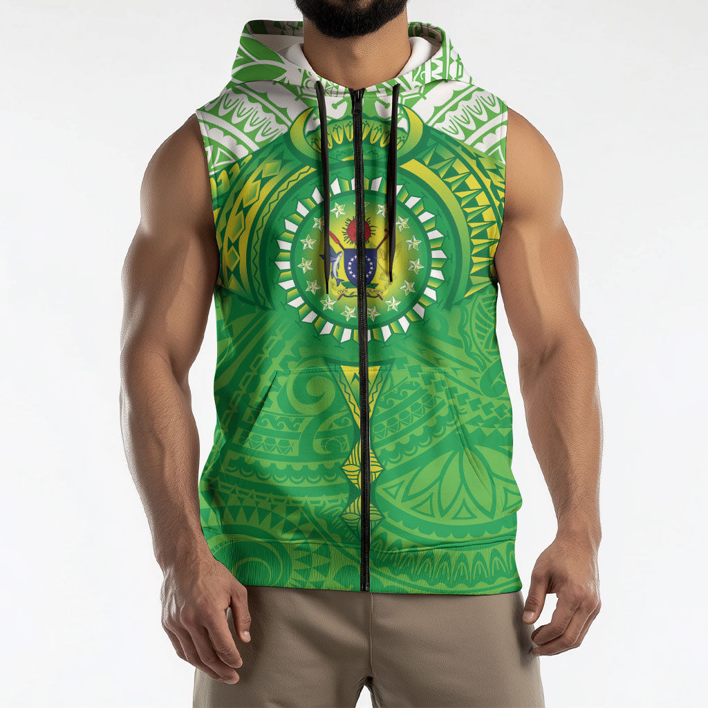 Cook Islands Manta Ray Sleeveless Zip Hoodie Kuki Airani Tattoo Green Color