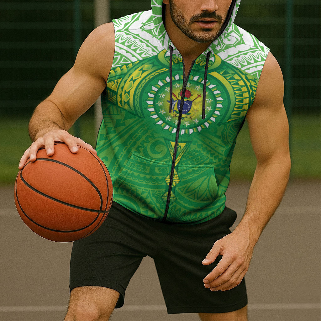 Cook Islands Manta Ray Sleeveless Zip Hoodie Kuki Airani Tattoo Green Color