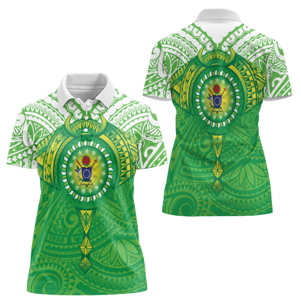 Cook Islands Manta Ray Women Polo Shirt Kuki Airani Tattoo Green Color