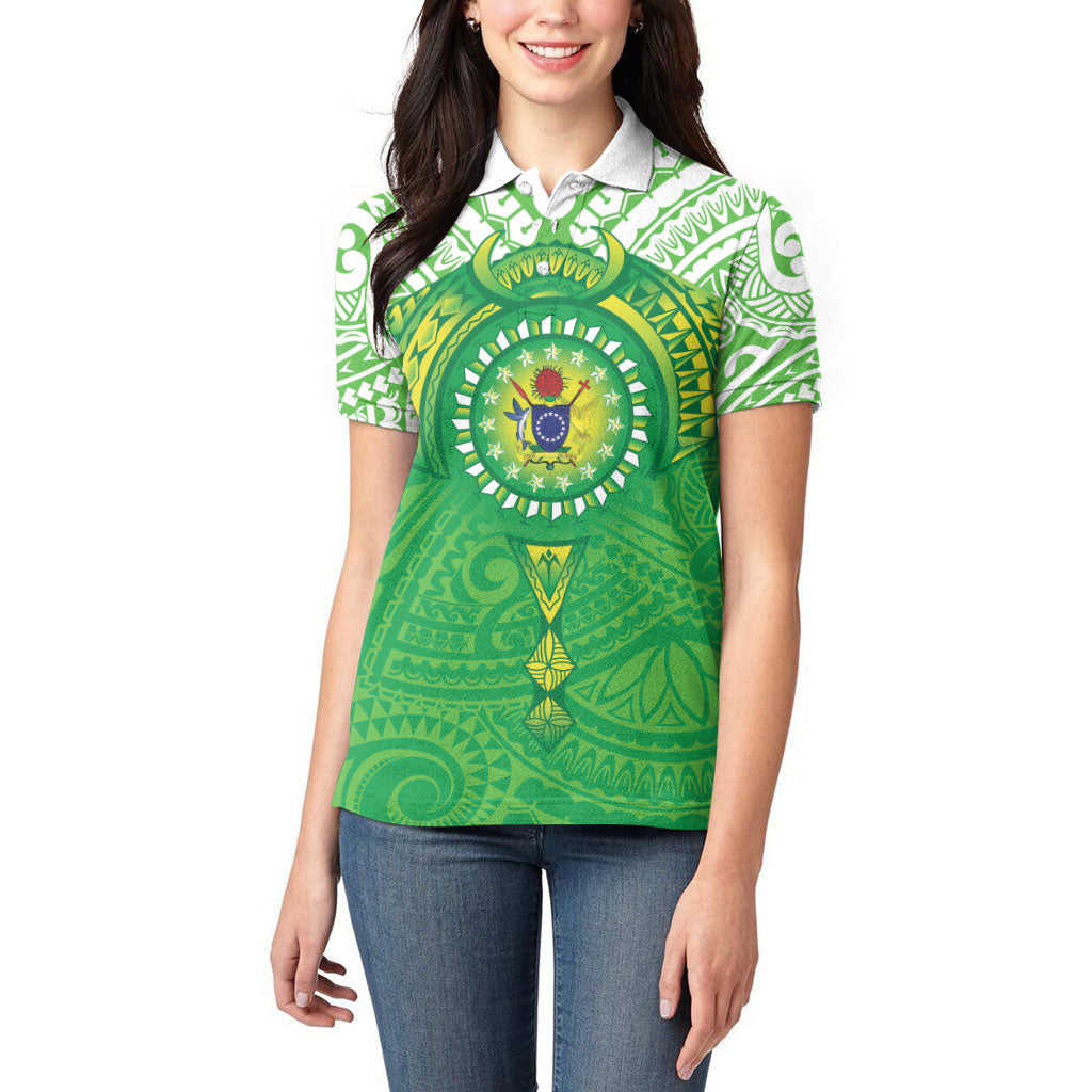 Cook Islands Manta Ray Women Polo Shirt Kuki Airani Tattoo Green Color