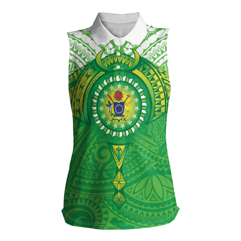 Cook Islands Manta Ray Women Sleeveless Polo Shirt Kuki Airani Tattoo Green Color LT14 Female Green - Polynesian Pride