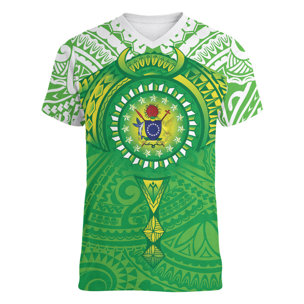 Cook Islands Manta Ray Women V-Neck T-Shirt Kuki Airani Tattoo Green Color LT14 Female Green - Polynesian Pride