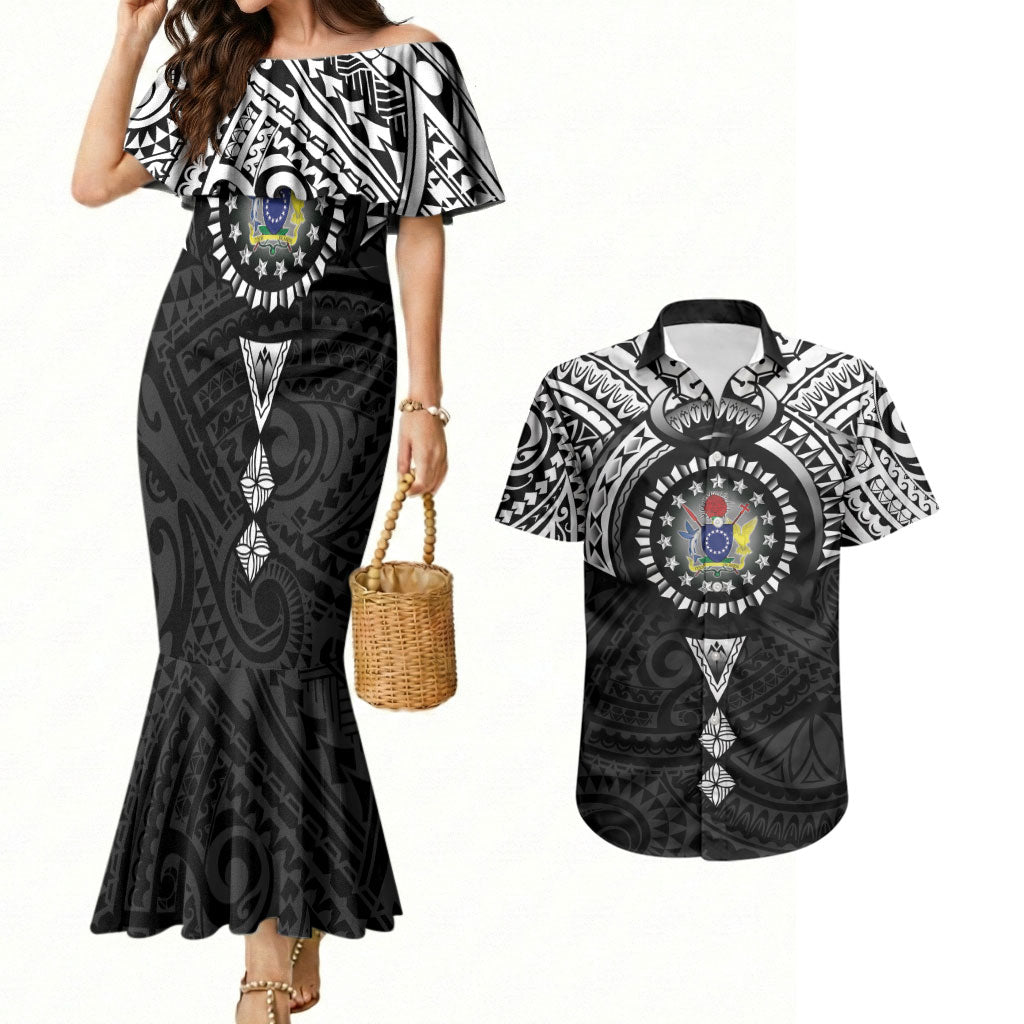 Cook Islands Manta Ray Couples Matching Mermaid Dress and Hawaiian Shirt Kuki Airani Tattoo Black Color LT14 Black - Polynesian Pride