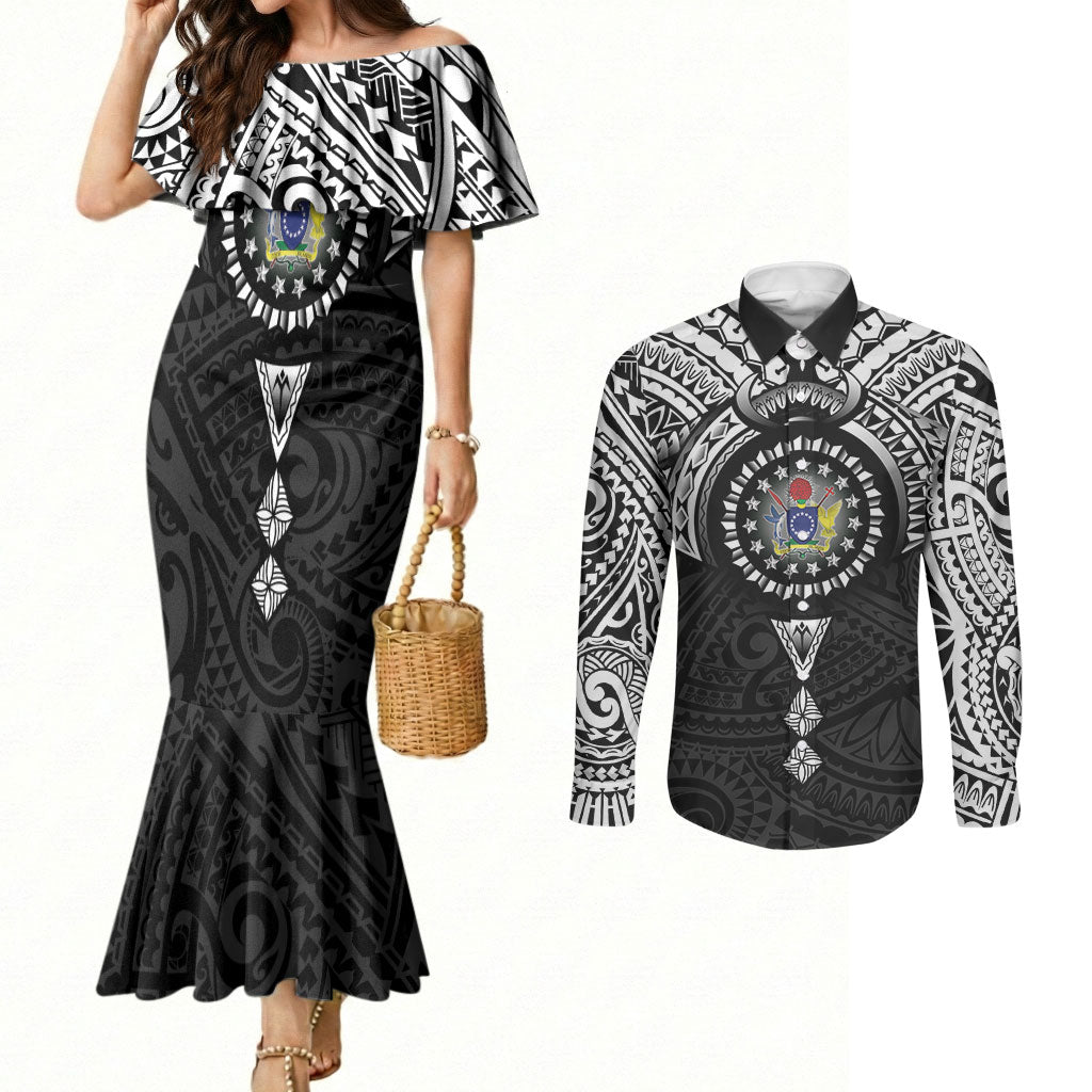 Cook Islands Manta Ray Couples Matching Mermaid Dress and Long Sleeve Button Shirt Kuki Airani Tattoo Black Color LT14 Black - Polynesian Pride