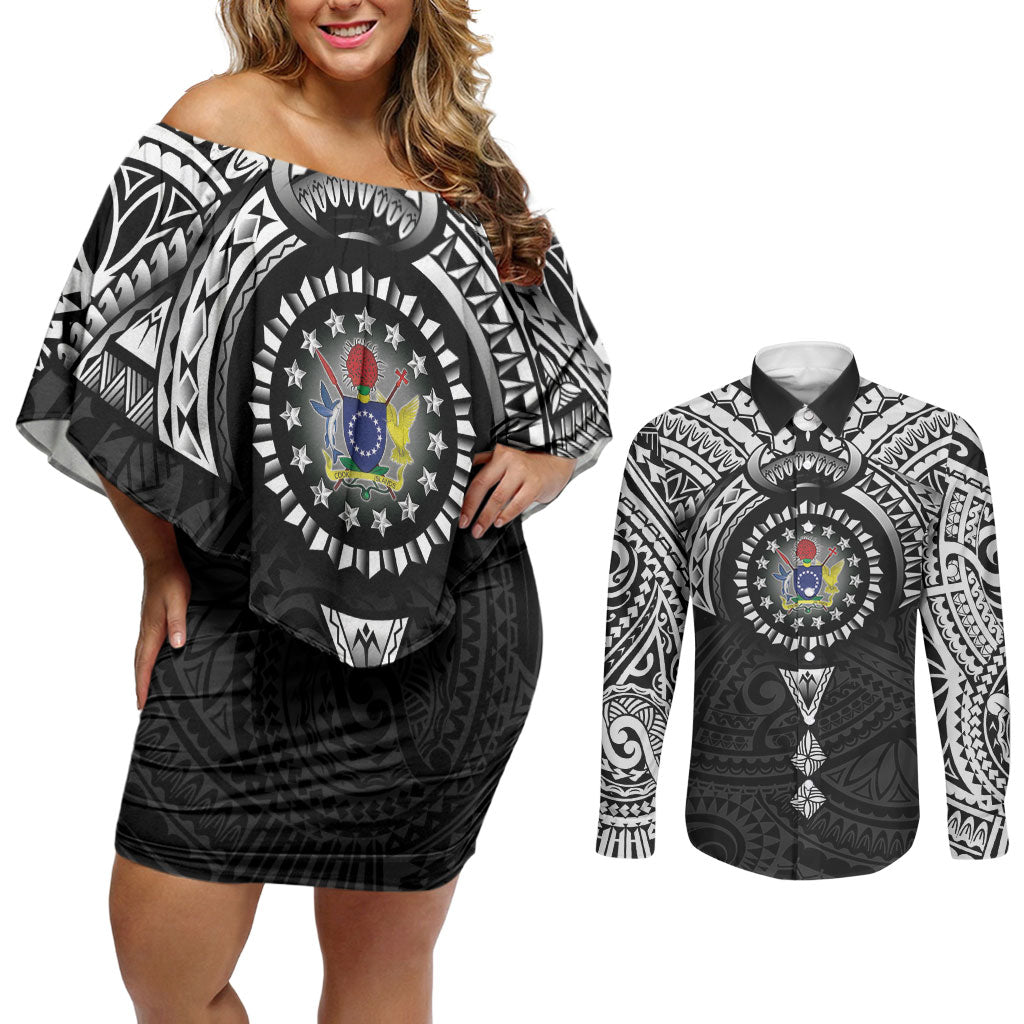 Cook Islands Manta Ray Couples Matching Off Shoulder Short Dress and Long Sleeve Button Shirt Kuki Airani Tattoo Black Color LT14 Black - Polynesian Pride