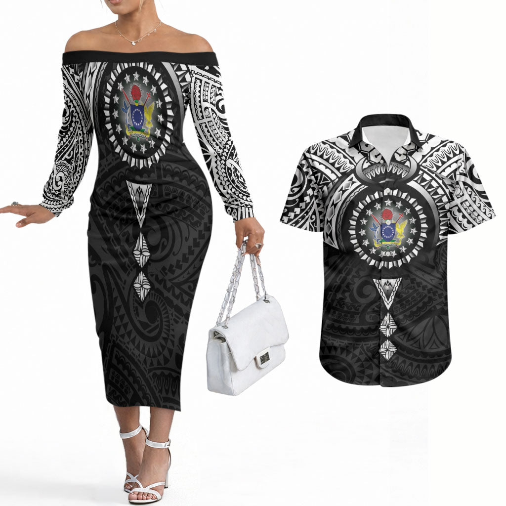 Cook Islands Manta Ray Couples Matching Off The Shoulder Long Sleeve Dress and Hawaiian Shirt Kuki Airani Tattoo Black Color LT14 Black - Polynesian Pride