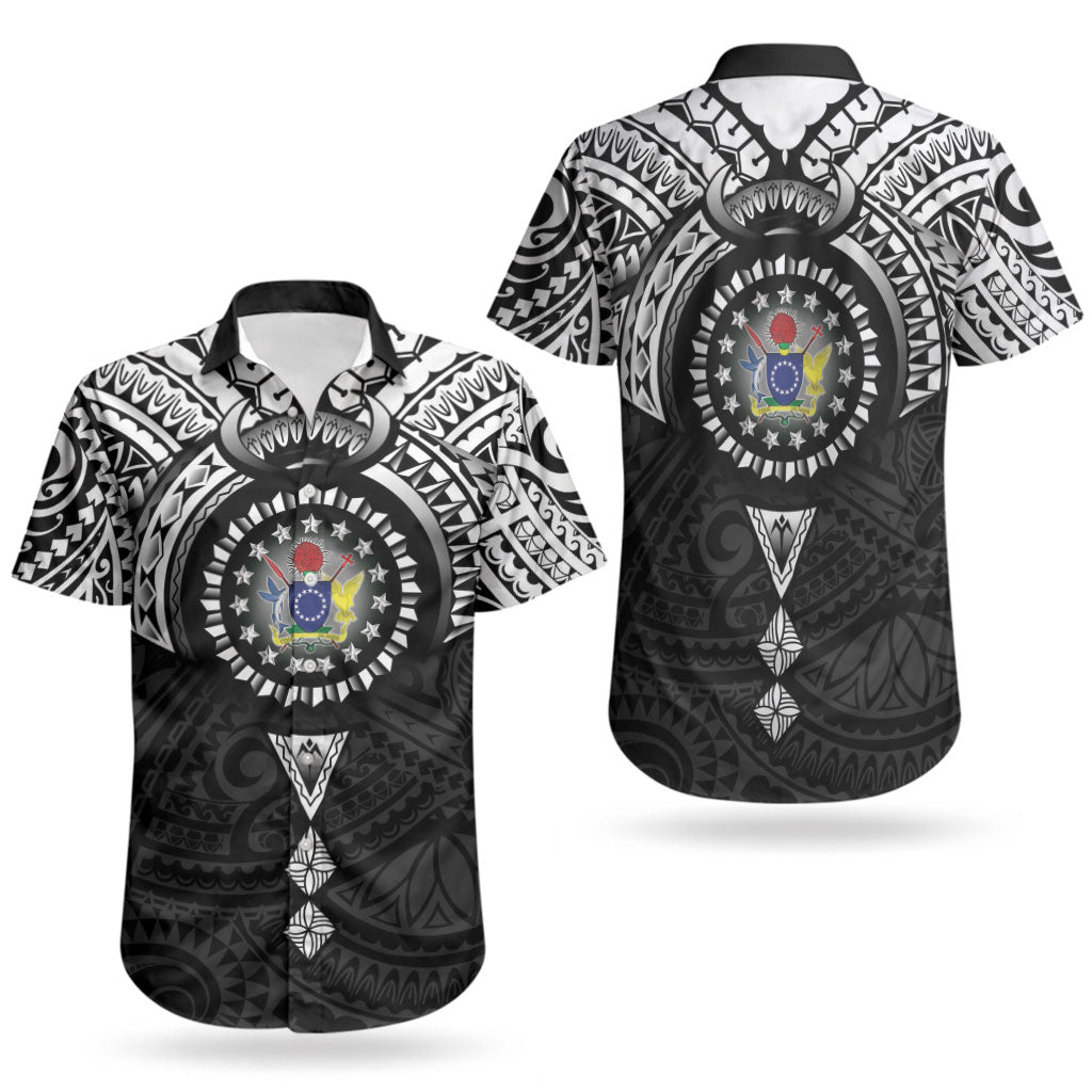 Cook Islands Manta Ray Couples Matching Off The Shoulder Long Sleeve Dress and Hawaiian Shirt Kuki Airani Tattoo Black Color LT14 - Polynesian Pride