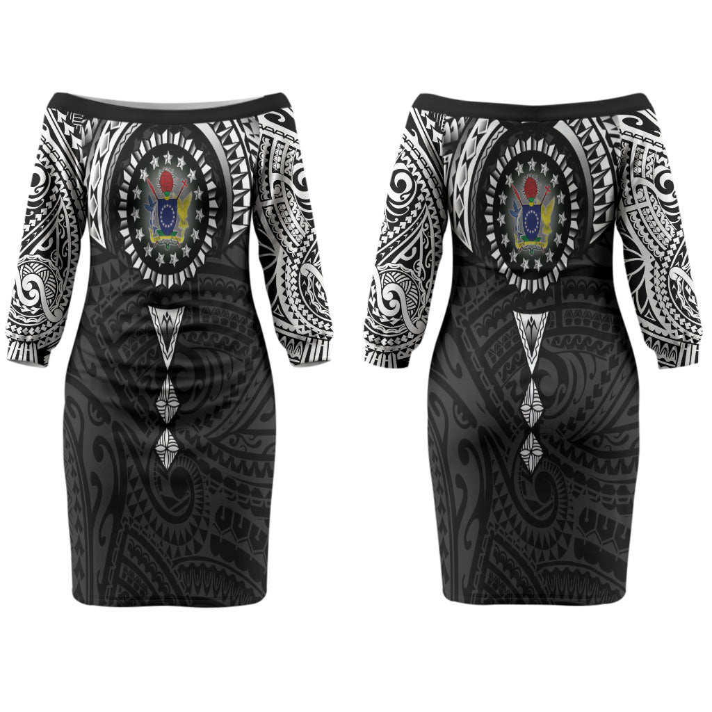 Cook Islands Manta Ray Couples Matching Off The Shoulder Long Sleeve Dress and Hawaiian Shirt Kuki Airani Tattoo Black Color LT14 - Polynesian Pride