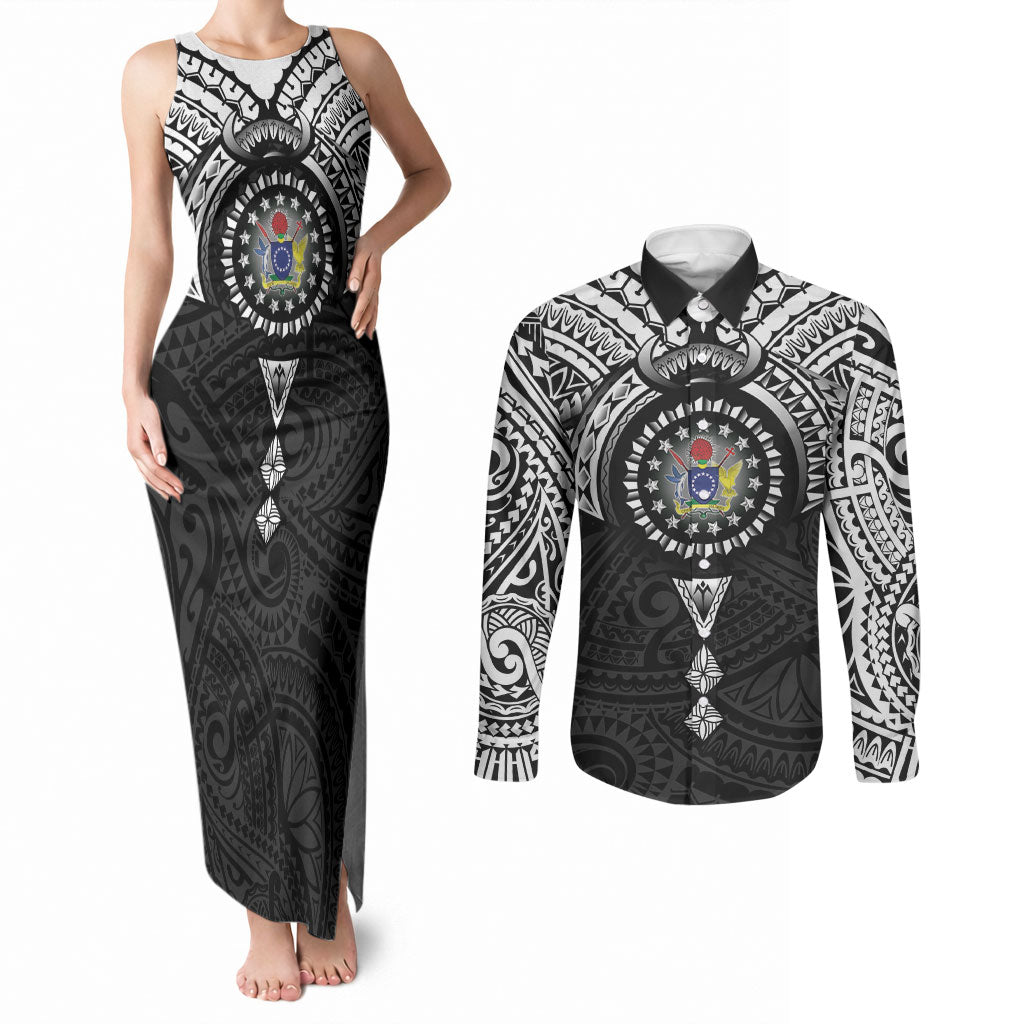 Cook Islands Manta Ray Couples Matching Tank Maxi Dress and Long Sleeve Button Shirt Kuki Airani Tattoo Black Color LT14 Black - Polynesian Pride