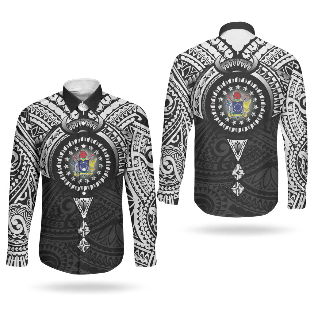 Cook Islands Manta Ray Couples Matching Tank Maxi Dress and Long Sleeve Button Shirt Kuki Airani Tattoo Black Color LT14 - Polynesian Pride