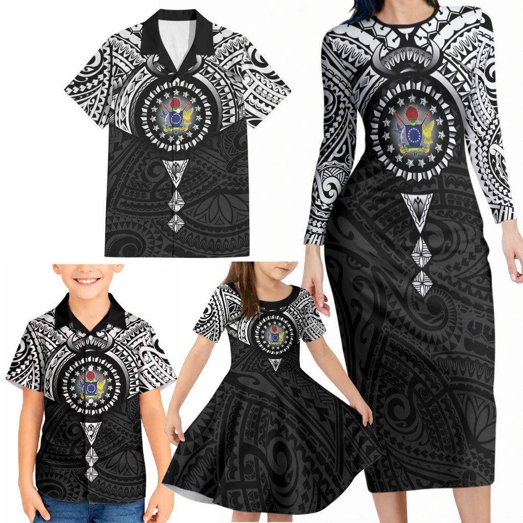 Cook Islands Manta Ray Family Matching Long Sleeve Bodycon Dress and Hawaiian Shirt Kuki Airani Tattoo Black Color LT14 - Polynesian Pride