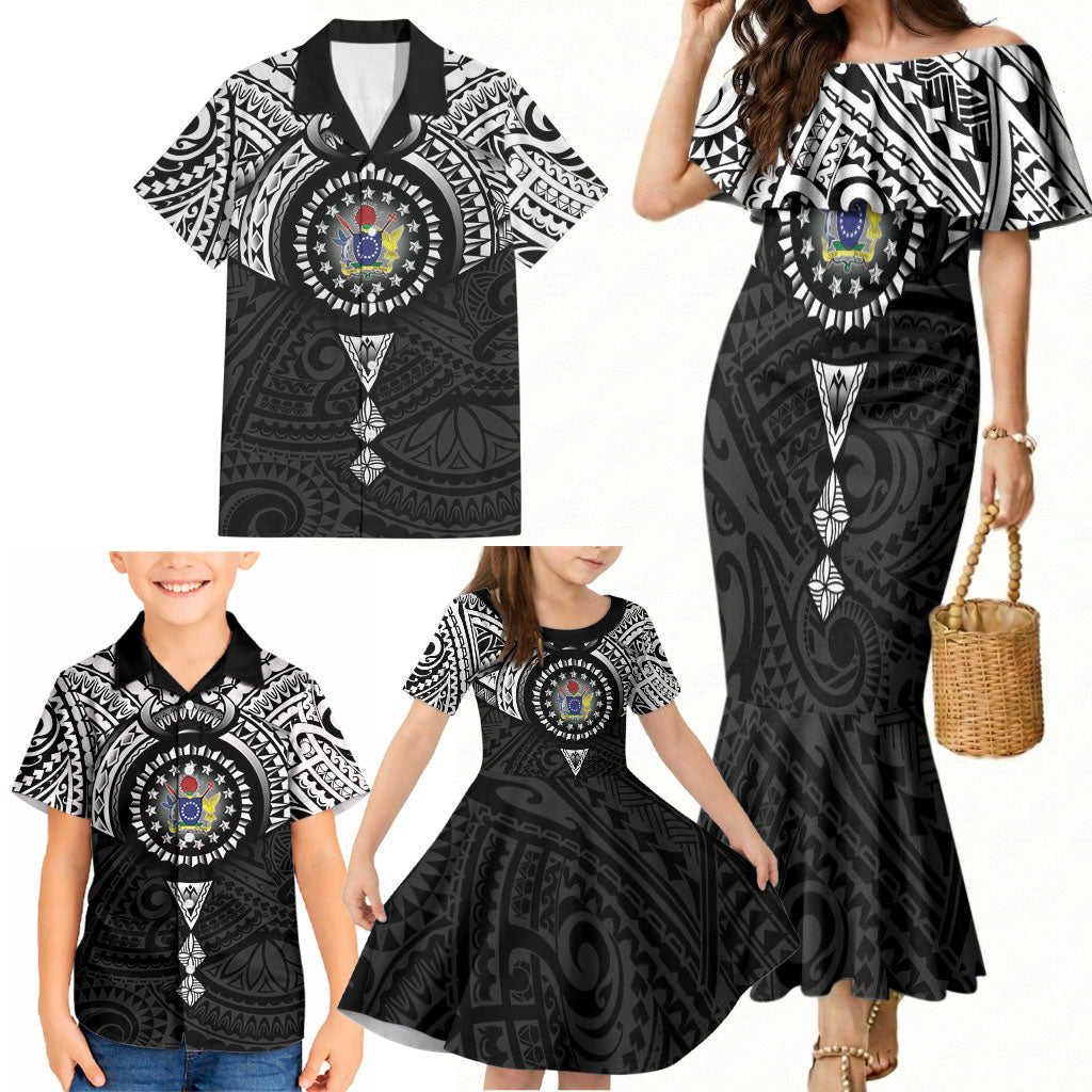 Cook Islands Manta Ray Family Matching Mermaid Dress and Hawaiian Shirt Kuki Airani Tattoo Black Color LT14 - Polynesian Pride