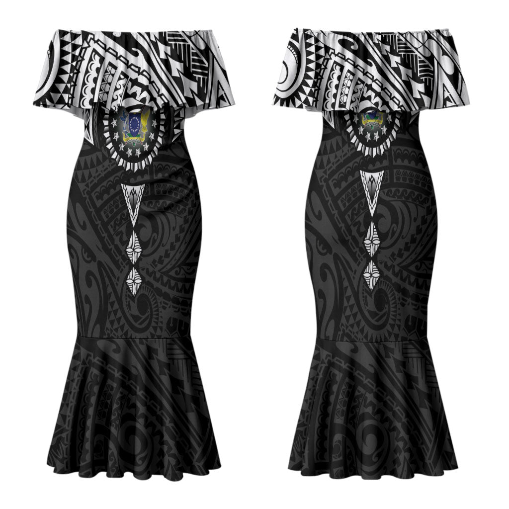 Cook Islands Manta Ray Family Matching Mermaid Dress and Hawaiian Shirt Kuki Airani Tattoo Black Color LT14 Mom's Dress Black - Polynesian Pride
