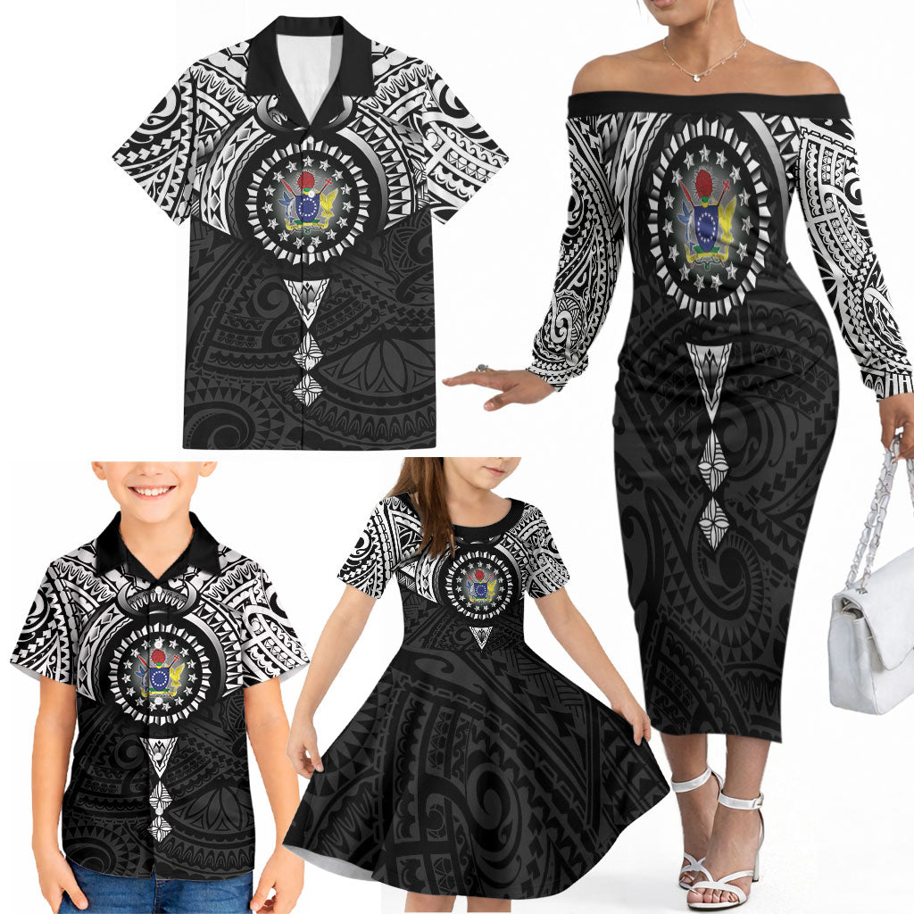 Cook Islands Manta Ray Family Matching Off The Shoulder Long Sleeve Dress and Hawaiian Shirt Kuki Airani Tattoo Black Color LT14 - Polynesian Pride