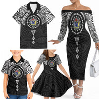 Cook Islands Manta Ray Family Matching Off The Shoulder Long Sleeve Dress and Hawaiian Shirt Kuki Airani Tattoo Black Color LT14 - Polynesian Pride