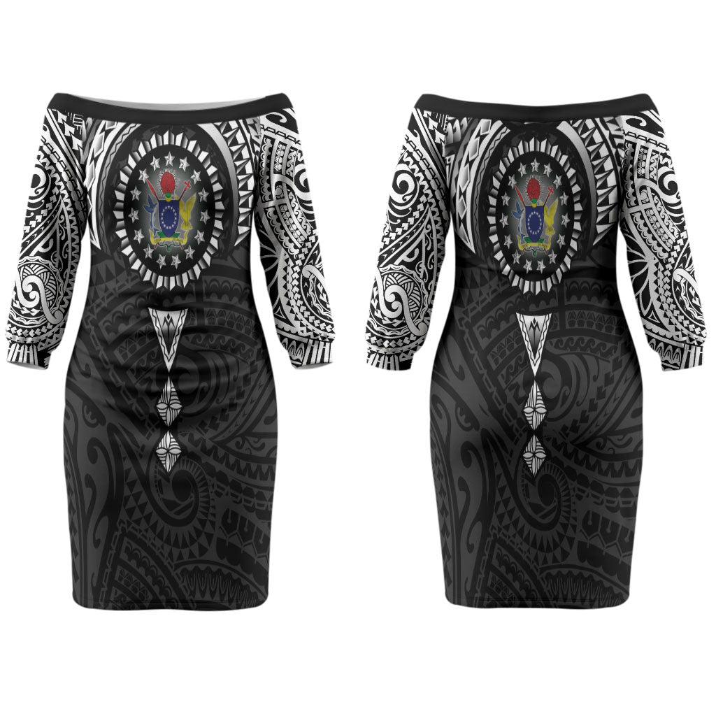 Cook Islands Manta Ray Family Matching Off The Shoulder Long Sleeve Dress and Hawaiian Shirt Kuki Airani Tattoo Black Color LT14 Mom's Dress Black - Polynesian Pride