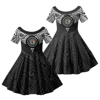 Cook Islands Manta Ray Family Matching Off The Shoulder Long Sleeve Dress and Hawaiian Shirt Kuki Airani Tattoo Black Color LT14 Daughter's Dress Black - Polynesian Pride