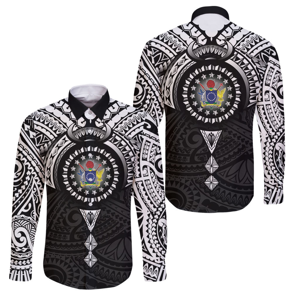 Cook Islands Manta Ray Family Matching Puletasi and Hawaiian Shirt Kuki Airani Tattoo Black Color LT14 Dad's Shirt - Long Sleeve Black - Polynesian Pride