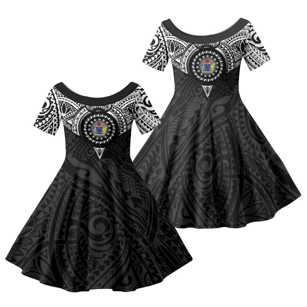 Cook Islands Manta Ray Family Matching Short Sleeve Bodycon Dress and Hawaiian Shirt Kuki Airani Tattoo Black Color LT14 Daughter's Dress Black - Polynesian Pride
