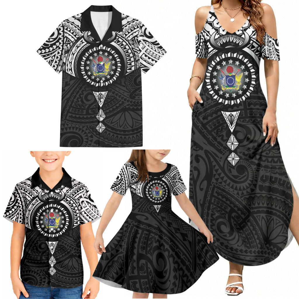 Cook Islands Manta Ray Family Matching Summer Maxi Dress and Hawaiian Shirt Kuki Airani Tattoo Black Color LT14 - Polynesian Pride