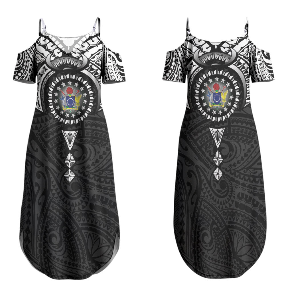 Cook Islands Manta Ray Family Matching Summer Maxi Dress and Hawaiian Shirt Kuki Airani Tattoo Black Color LT14 Mom's Dress Black - Polynesian Pride