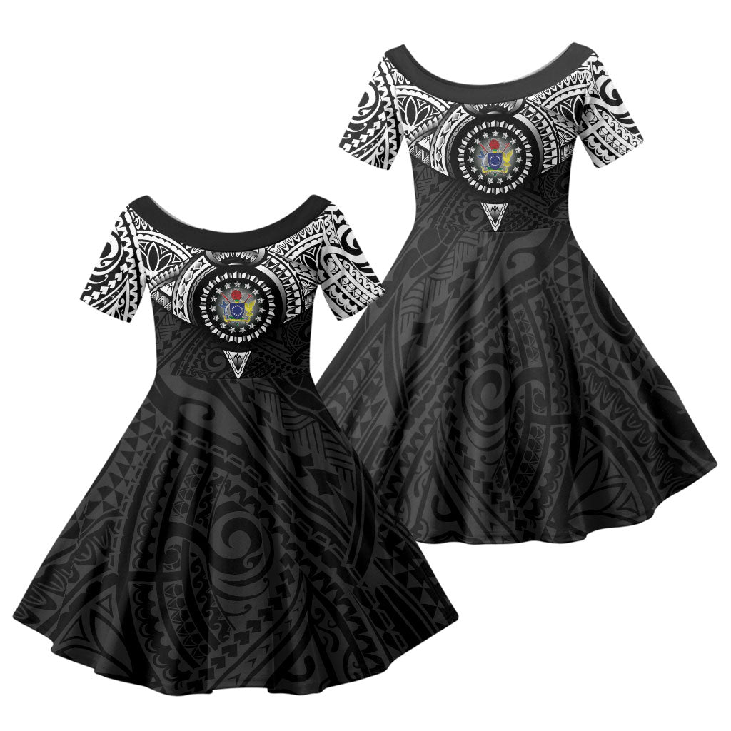 Cook Islands Manta Ray Family Matching Summer Maxi Dress and Hawaiian Shirt Kuki Airani Tattoo Black Color LT14 Daughter's Dress Black - Polynesian Pride