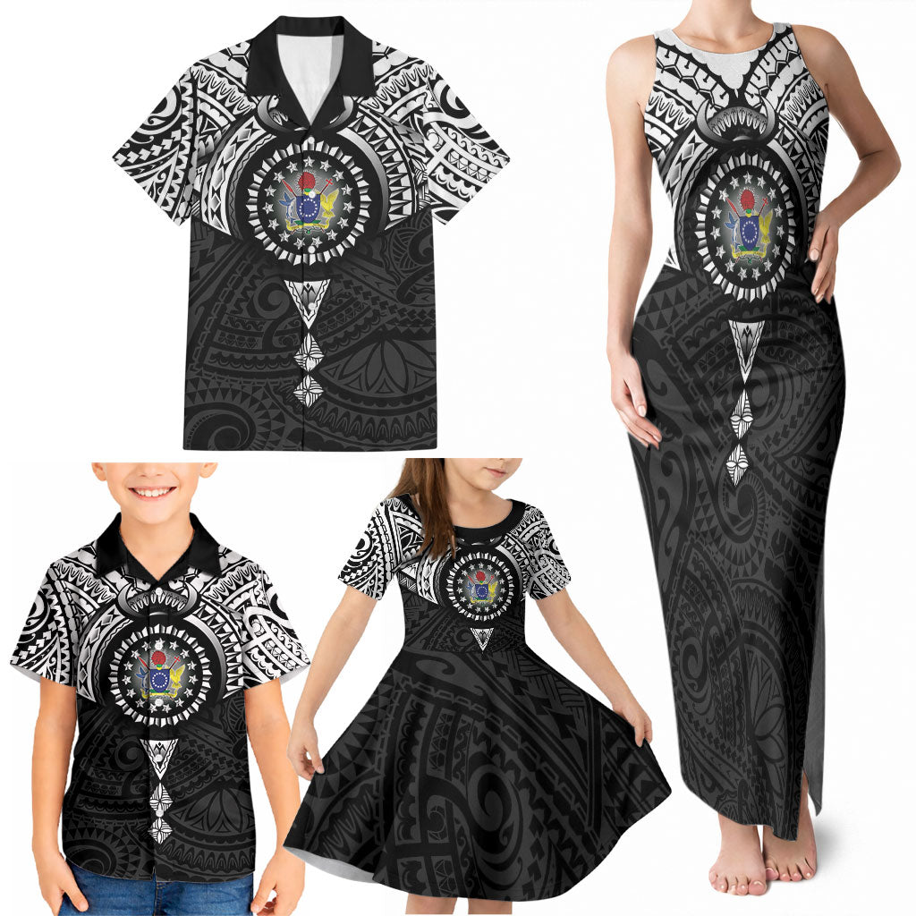 Cook Islands Manta Ray Family Matching Tank Maxi Dress and Hawaiian Shirt Kuki Airani Tattoo Black Color LT14 - Polynesian Pride