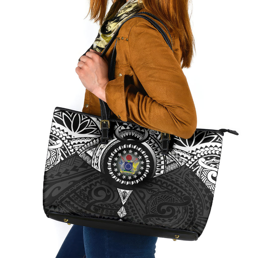Cook Islands Manta Ray Leather Tote Bag Kuki Airani Tattoo Black Color LT14 Black - Polynesian Pride