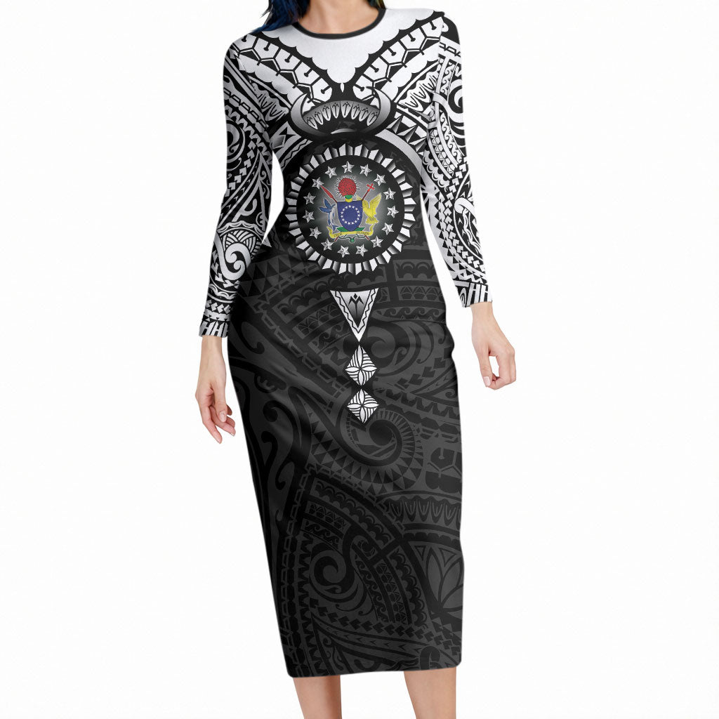 Cook Islands Manta Ray Long Sleeve Bodycon Dress Kuki Airani Tattoo Black Color